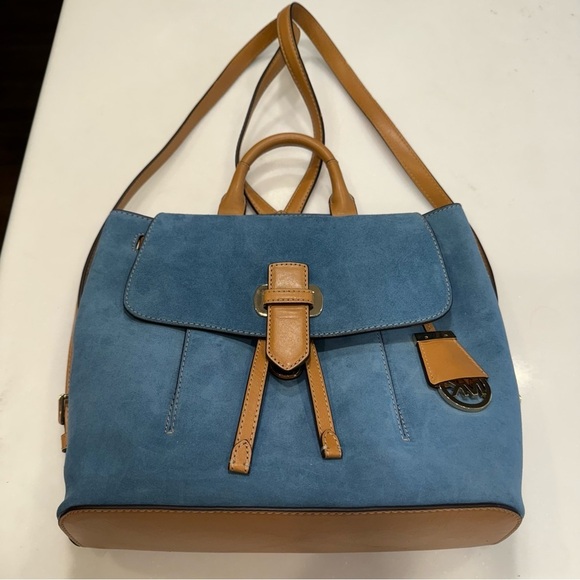 Michael Kors Women’s “Romy” Denim Blue Suede & Tan Leather Backpack NWT - Picture 12 of 16
